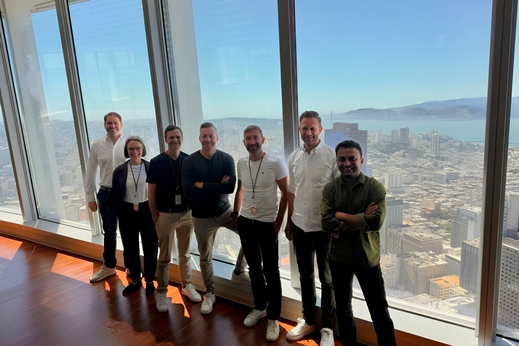 Flix C-level executives (André Schwämmlein, Daniel Krauss, Fabian Stenger, Benjamin Gubitz, Max Zeumer) with Flix VPs Shobhit Agrawal and Dorit Schindler, at Silicon Valley, California