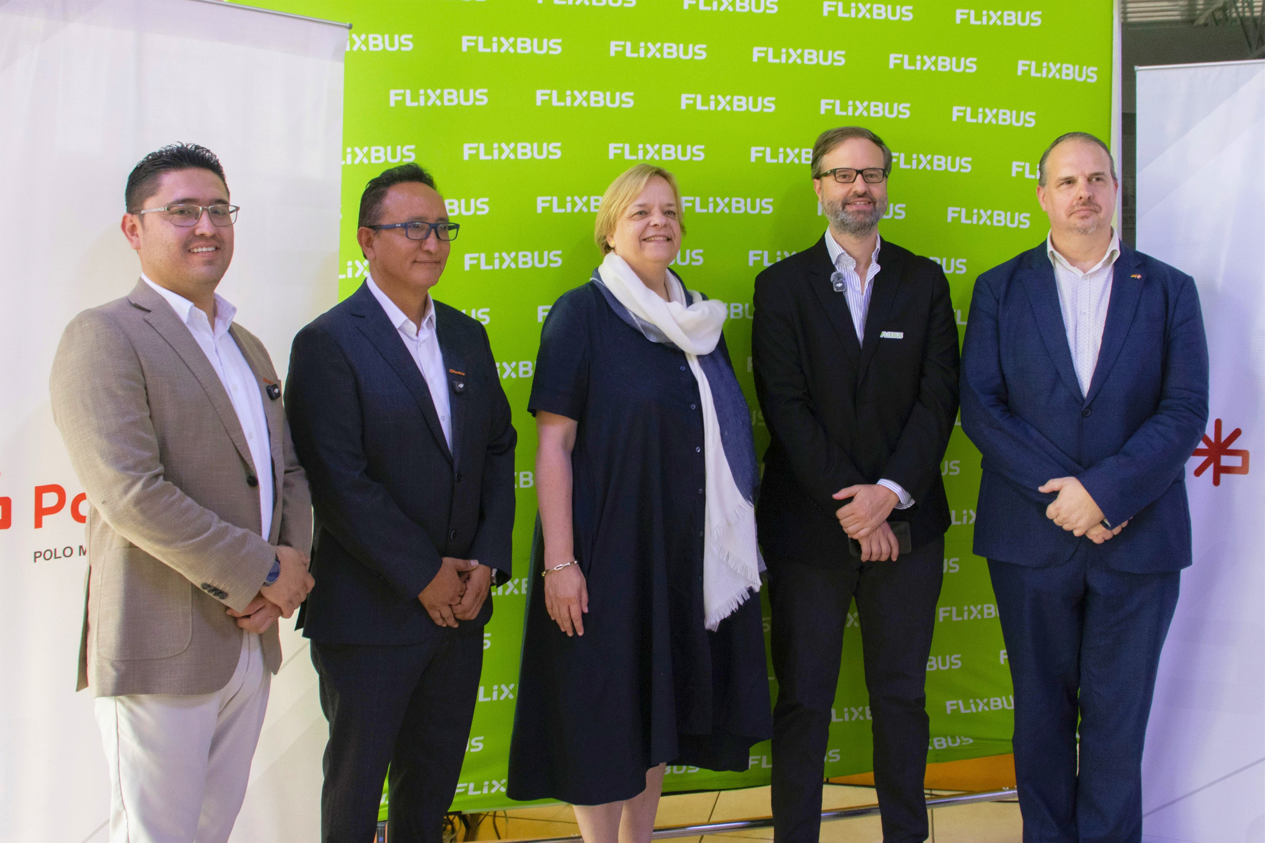 FlixBus South America and Iberia VP, German Ambassador, and Peru partners posing together at the press conference in Lima.